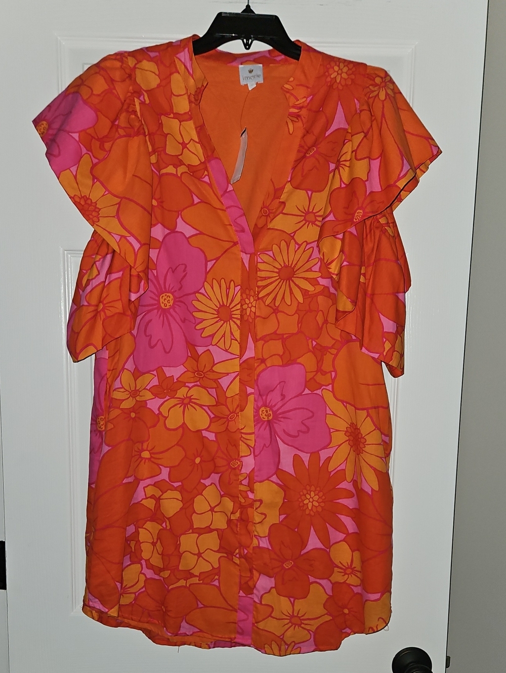 J.Marie Lizzie Button Front Full Ruffle Sleeve Shirt Dress: Pink/Orange Floral:L
